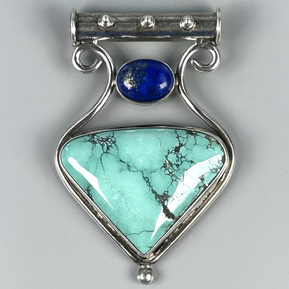 Turquoise Lapis Tested Silver Large Southwestern Pendant 32.2g 3 1/4"